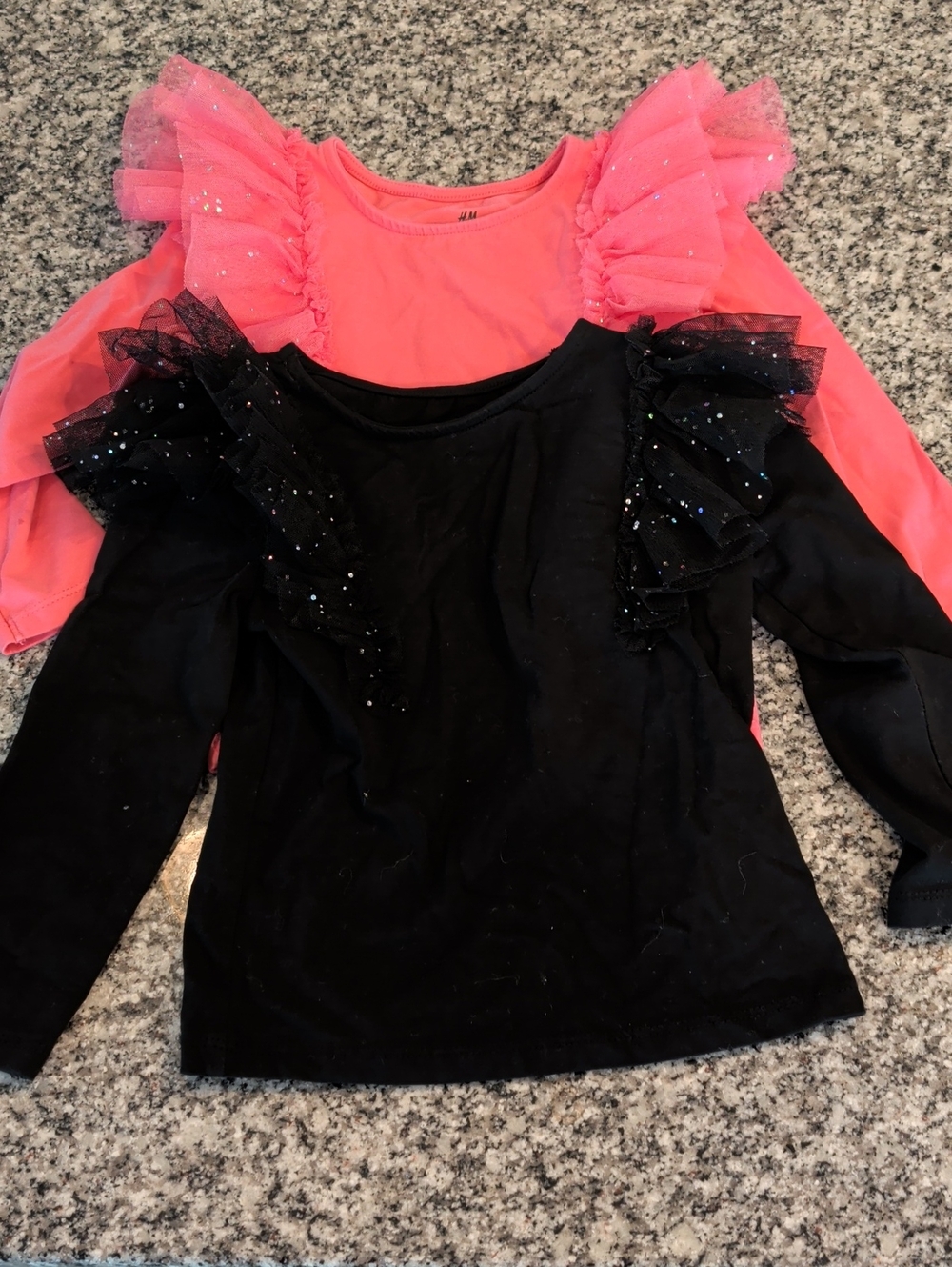 H&M Girls Long Sleeve Tops with Sparkle Tulle Ruffles - Black & Coral